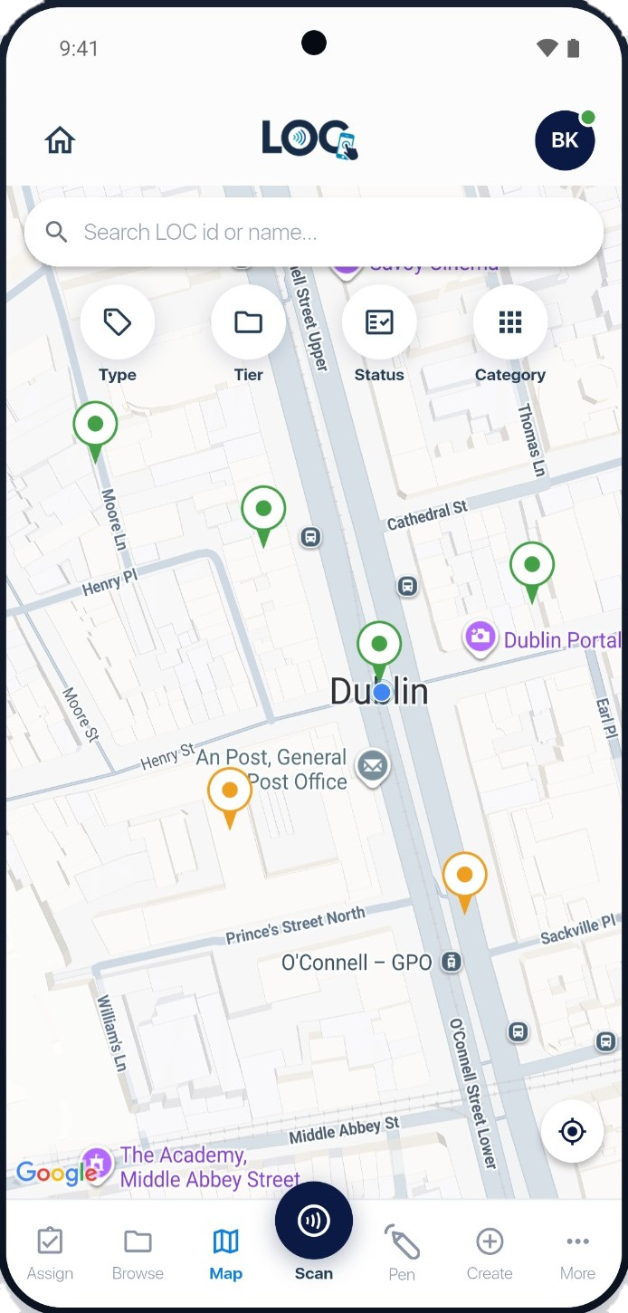 LOC app map view of tagged assets in Dublin