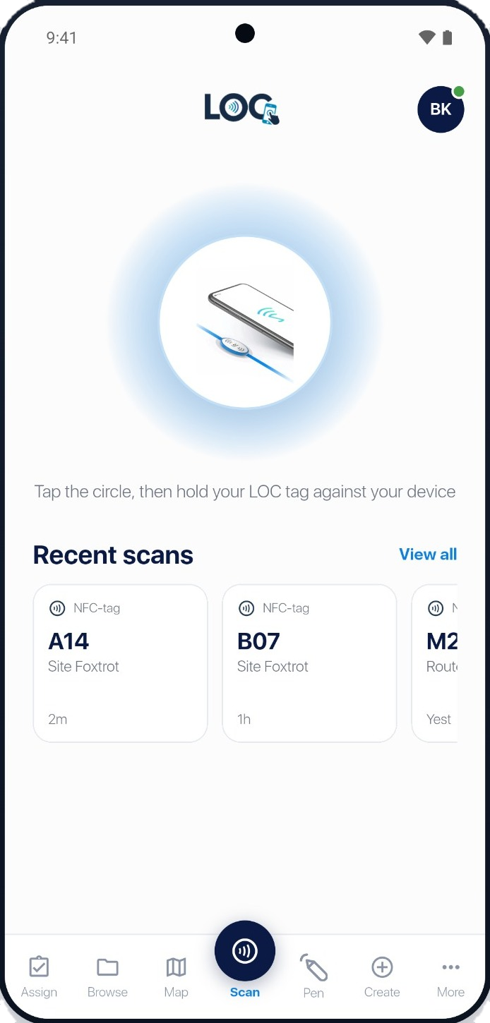 LOC app scan screen with recent scans