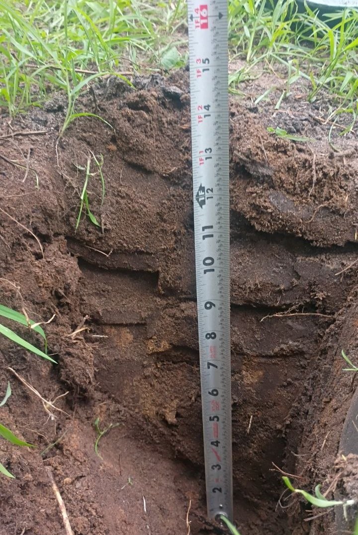 Vertical tape measure in an open trench showing burial depth past the 12-inch mark